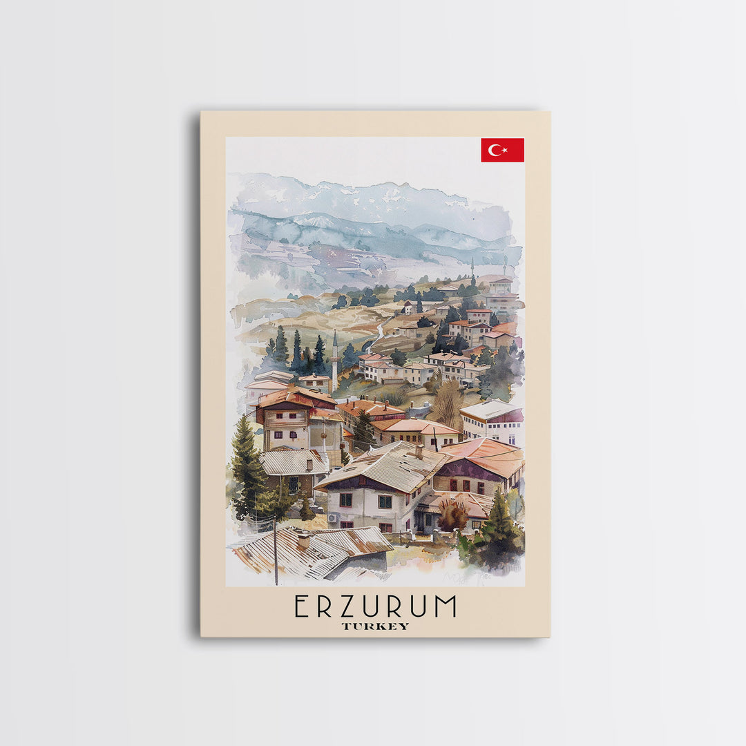 Erzurum Turkey Scenic Watercolor Framed Canvas Print, Stunning Travel Poster Art for Living Room and Bedroom Wall Decor