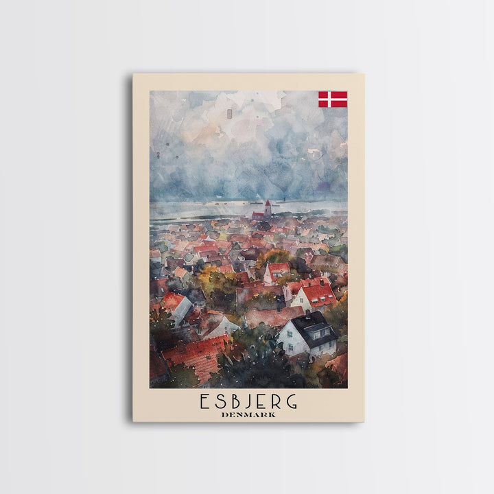 Esbjerg Denmark Skyline Watercolor Framed Canvas Print, Beautiful Travel Poster Art for Home and Office Wall Decor