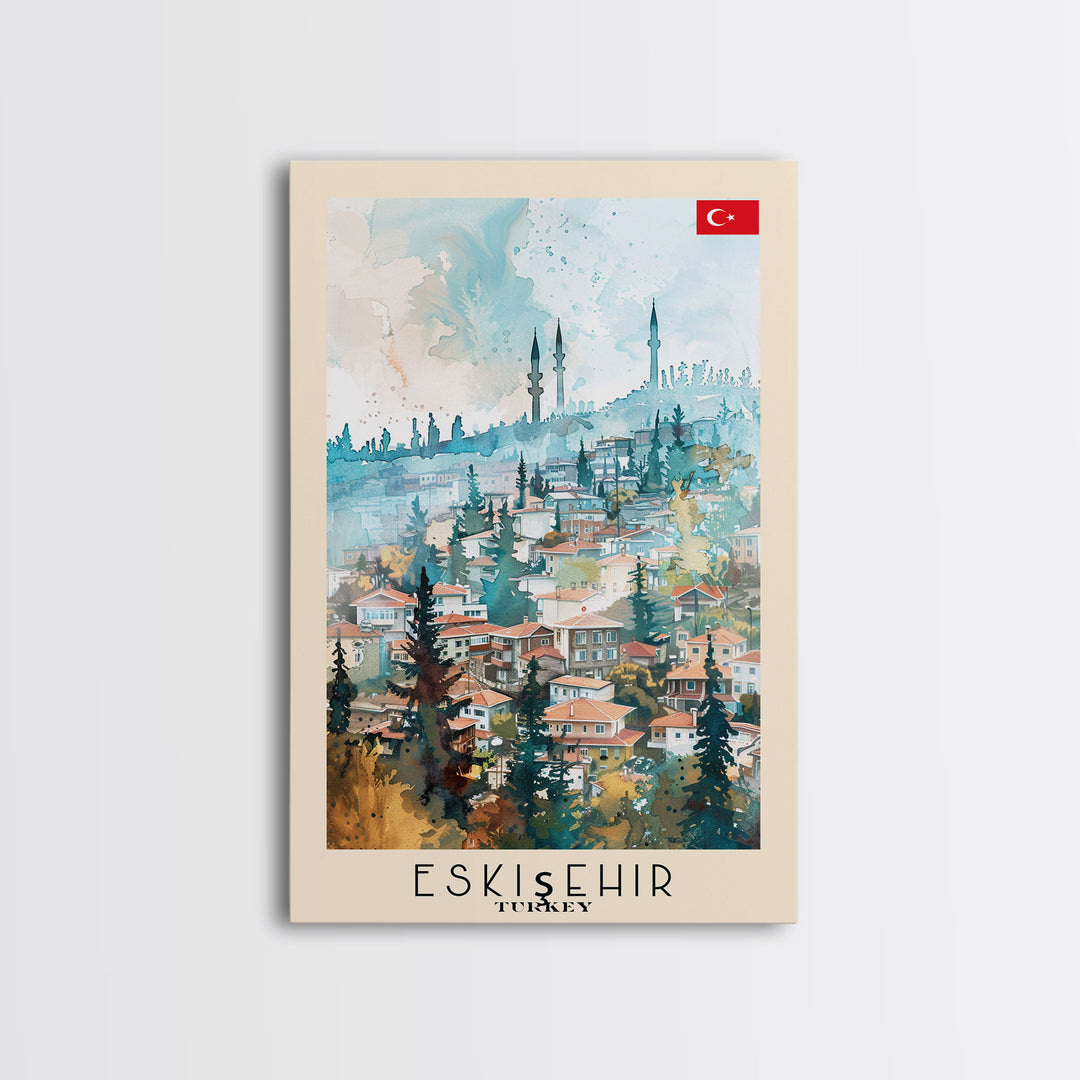 Eskisehir Turkey Charming Watercolor Framed Canvas Print, Captivating Travel Poster Art for Living Room and Bedroom Decor