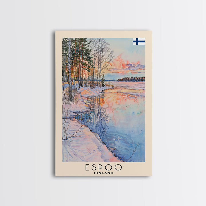 Espoo Finland Serene Landscape Watercolor Framed Canvas Print, Tranquil Travel Poster Art for Home and Office Wall Decor