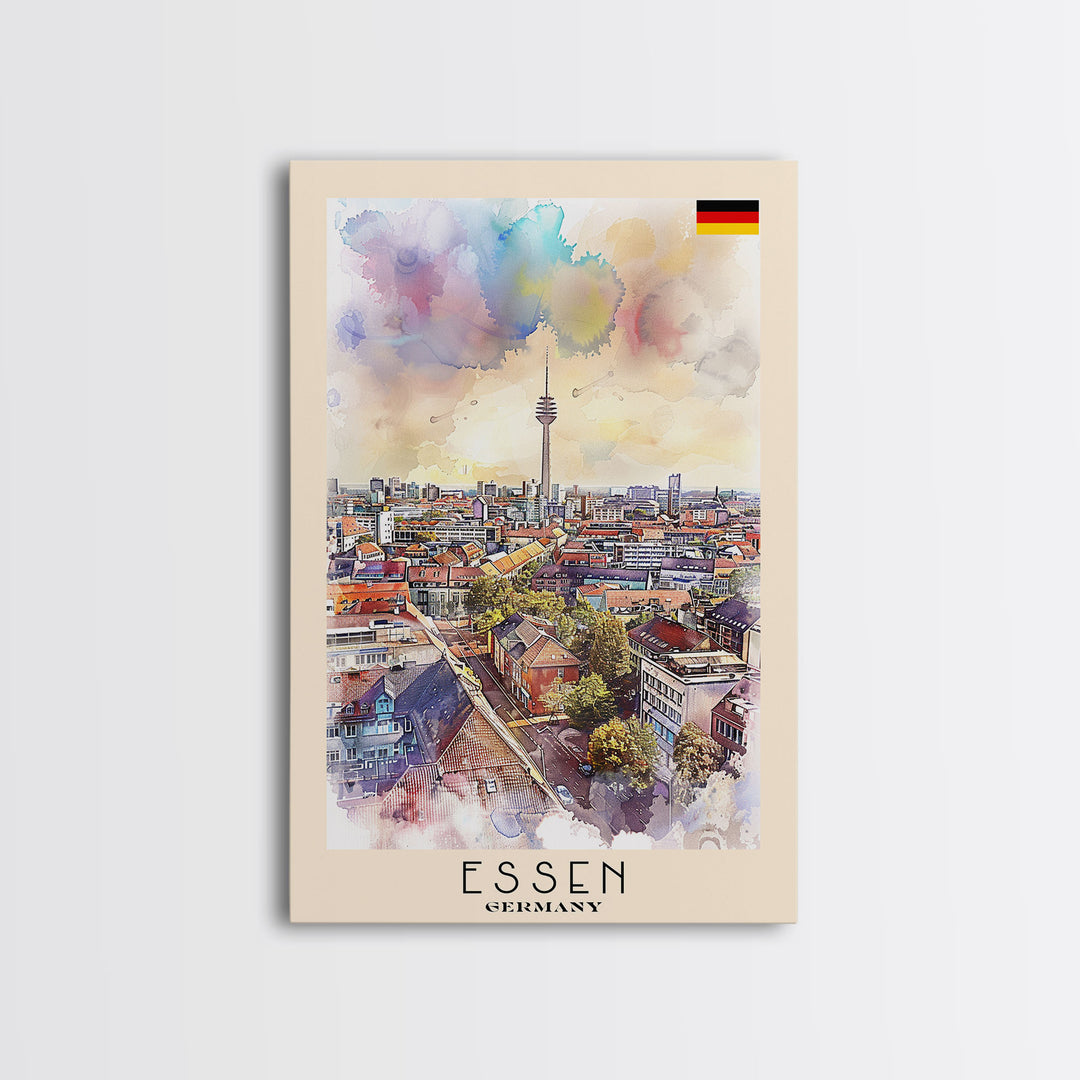 Essen Germany Vibrant Cityscape Watercolor Framed Canvas Print, Dynamic Travel Poster Art for Living Room and Bedroom Decor