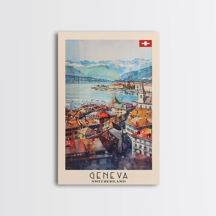 Geneva, Switzerland Travel Poster Art, Framed Canvas Print for Living Room or Bedroom, Scenic Wall Art, Home Decoration