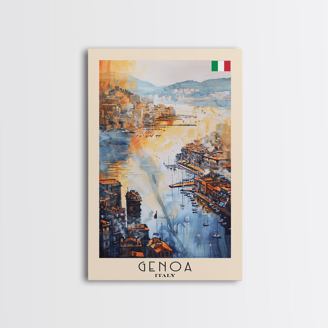 Genoa Italy Watercolor Cityscape Art, Framed Canvas Print, Wall Art for Living Room, Travel Poster Art, Home Decor, Italian Art