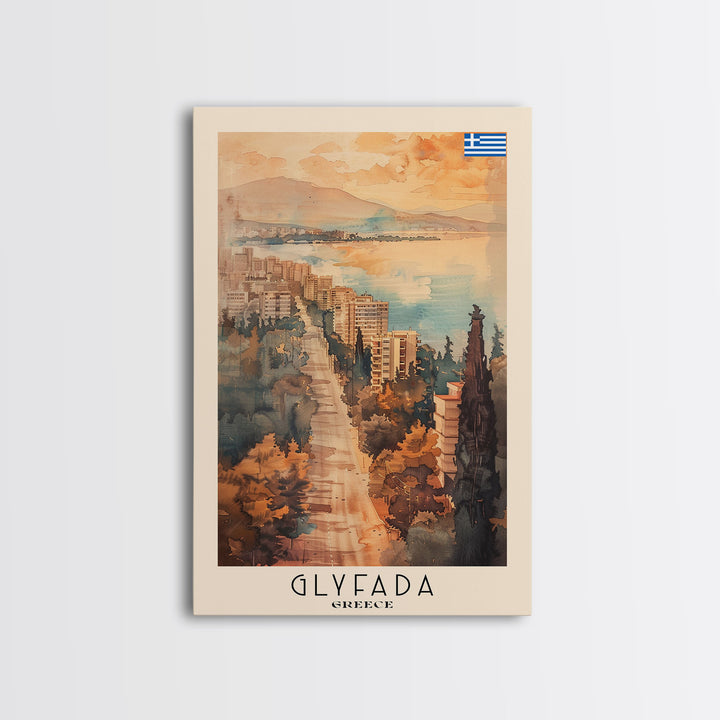Glyfada Greece Coastline Art, Framed Canvas Print, Living Room Wall Art, Travel Poster, Home Decor, Greek Art