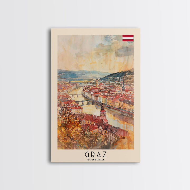 Graz Austria Watercolor Cityscape Art, Framed Canvas Print, Wall Art for Living Room, Travel Poster Art, Home Decor, Austrian Wall Art