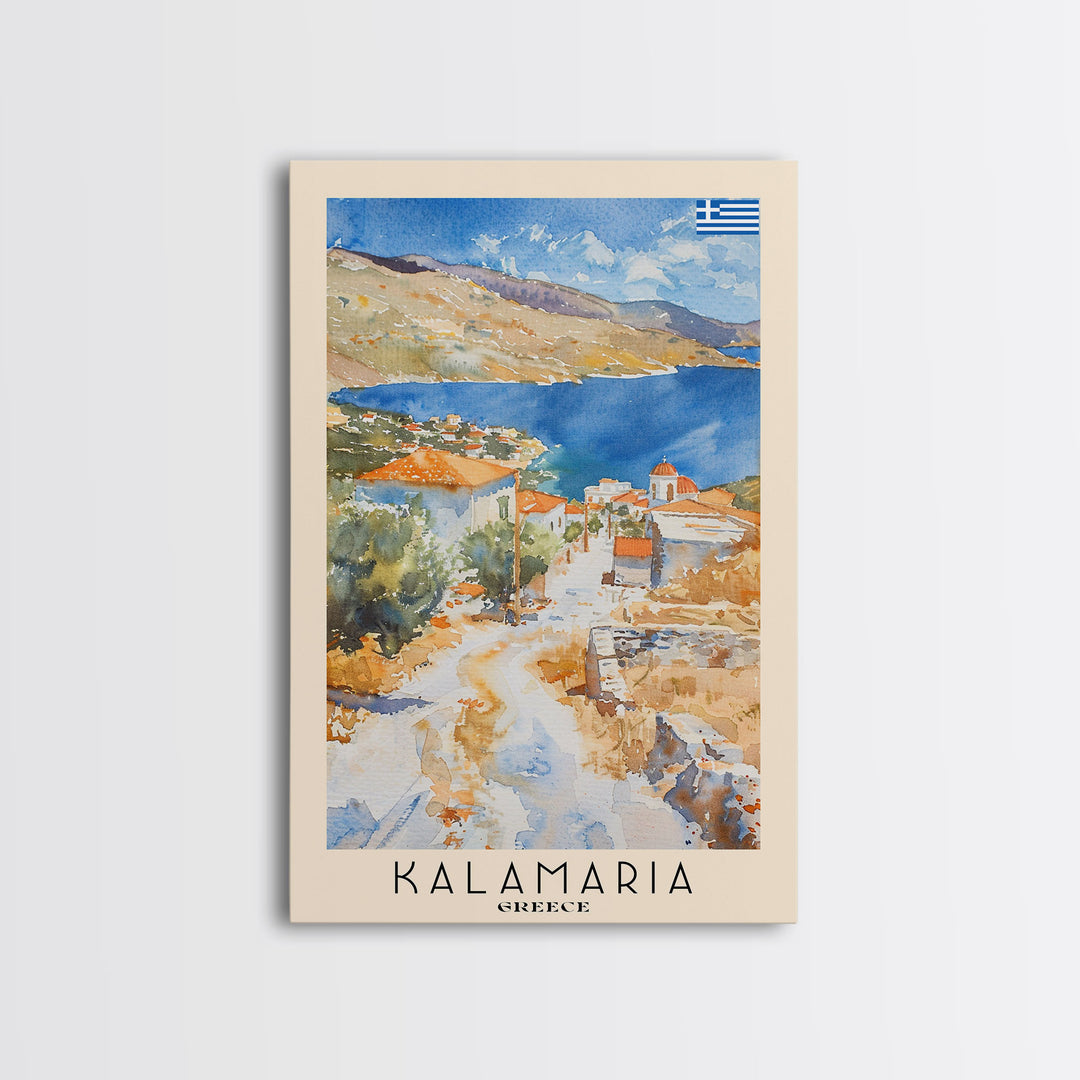 Kalamaria Greece Coastal View, Framed Canvas Print, Travel Poster, Nautical Wall Art, Living Room Decor, Greek Cityscape, Seaside Home Decoration