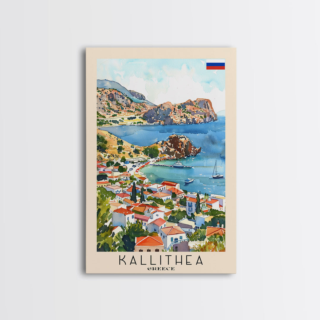 Kallithea Greece Coastal City View, Framed Canvas Print, Travel Poster, Mediterranean Wall Art, Living Room Decor, Greek Cityscape, Seaside Home Decoration