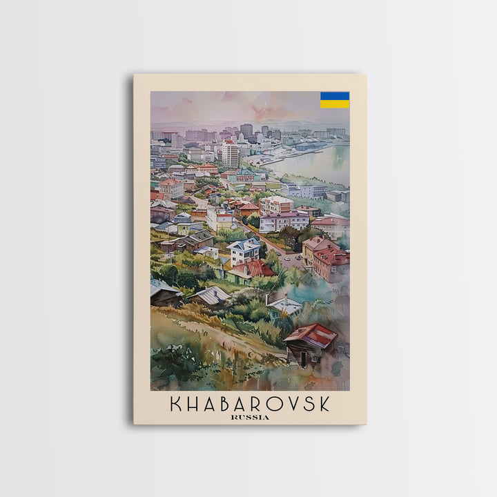 Khabarovsk Russia Riverside View, Framed Canvas Print, Travel Poster, Wall Art, Home Decor, Living Room Decoration, Russian Cityscape Art