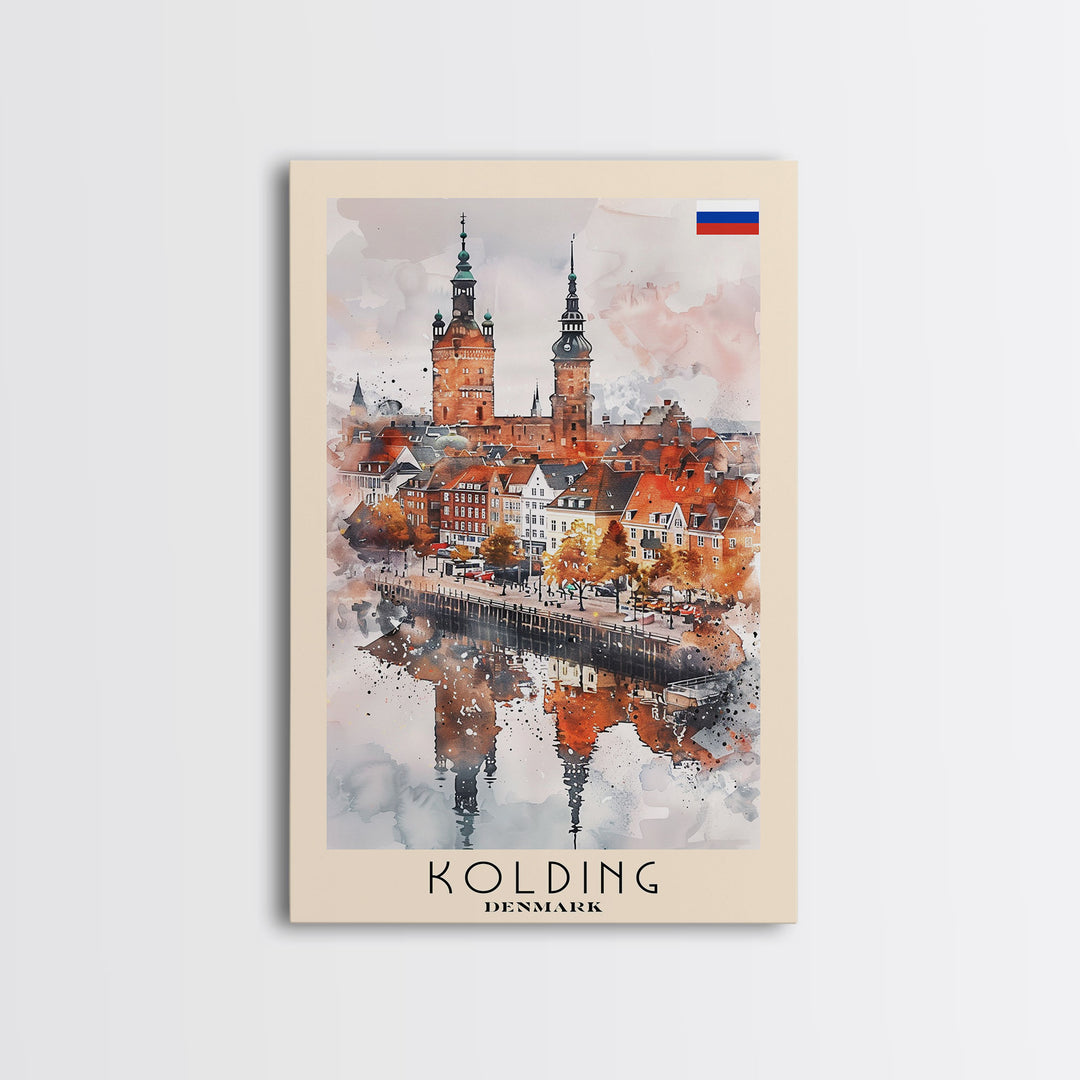 Kolding Denmark Waterfront View, Framed Canvas Print, Travel Poster, Wall Art, Kitchen Decor, Danish Urban Painting, Waterfront Scenery