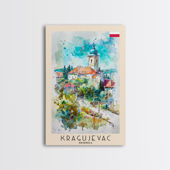 Kragujevac Serbia Travel Poster Framed Canvas Print, Watercolor Painting, Boho Wall Art, Living Room Decor, Scenic Art, Travel Print