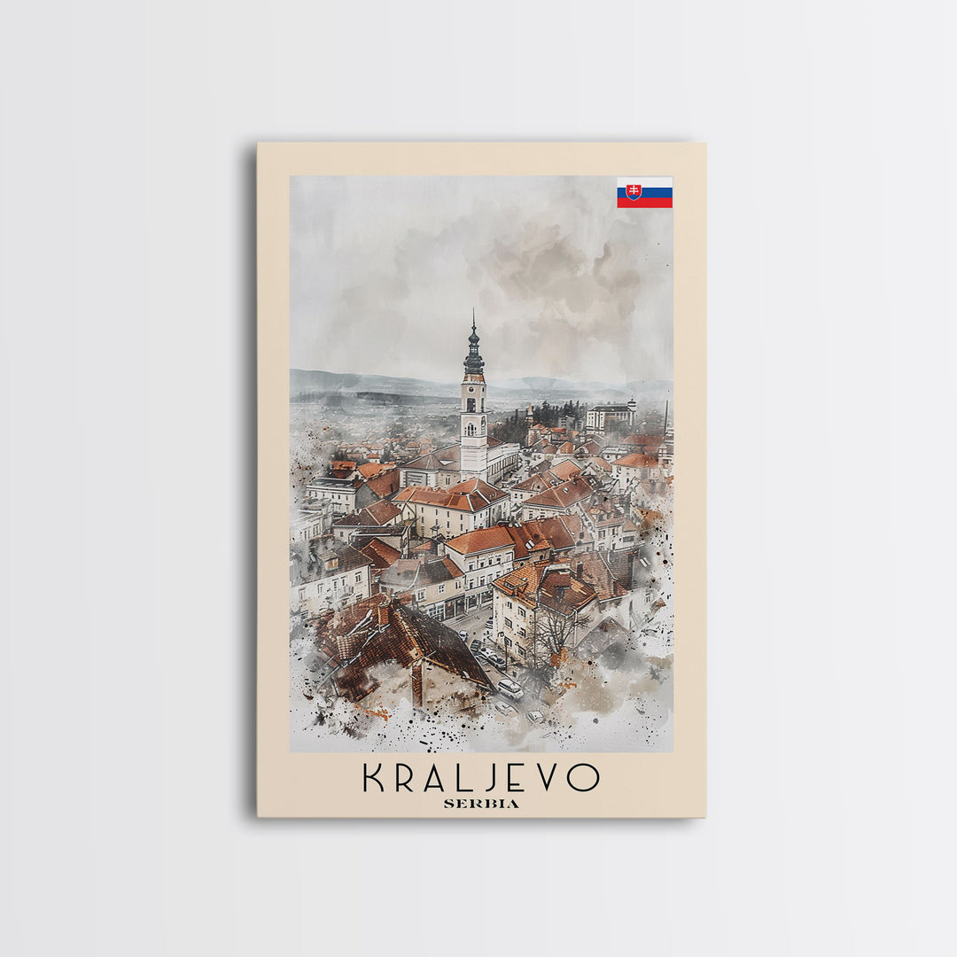 Kraljevo Serbia Travel Poster Framed Canvas Print, Urban Landscape, Watercolor Wall Art, Home Decor, Original Art, Travel Print