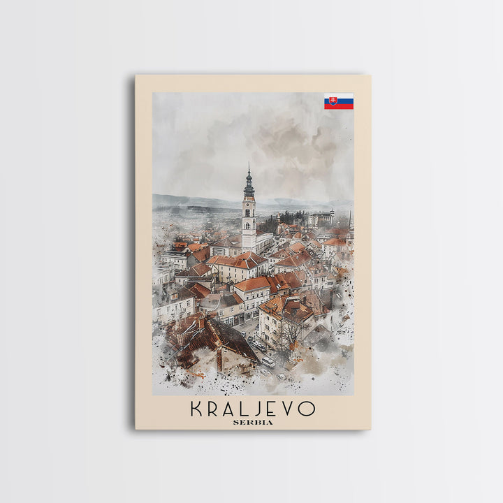 Kraljevo Serbia Travel Poster Framed Canvas Print, Urban Landscape, Watercolor Wall Art, Home Decor, Original Art, Travel Print