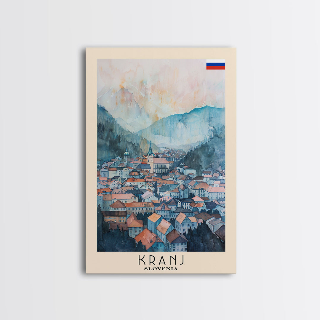 Kranj Slovenia Travel Poster Framed Canvas Print, Watercolor Painting, Scenic Wall Art, Living Room Decor, Artistic Travel Print, Vacation Souvenir