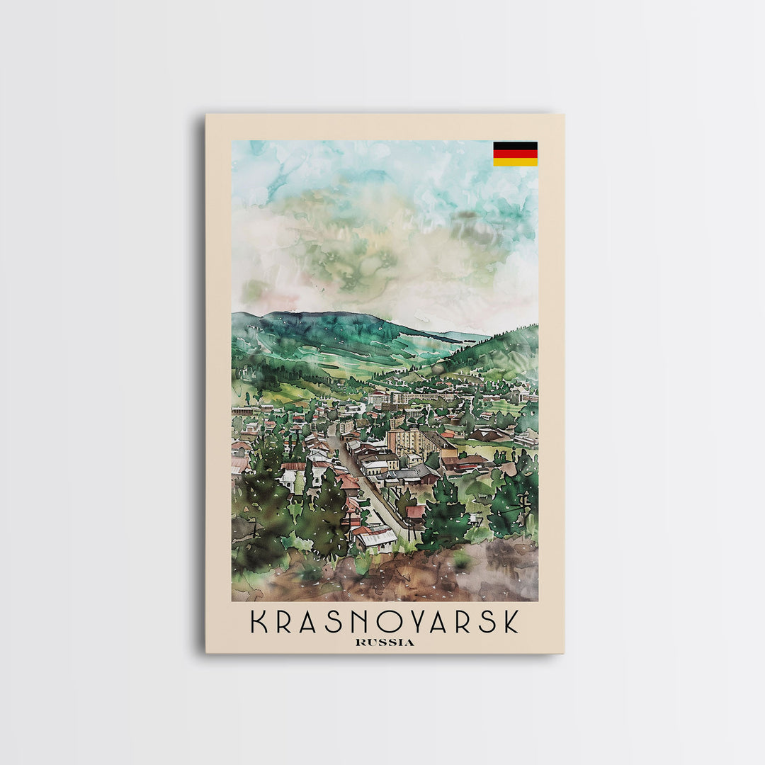 Krasnoyarsk Russia Travel Poster Framed Canvas Print, Watercolor Cityscape, Home Decor, Wall Art, Scenic Painting, Travel Print, Artistic Gift