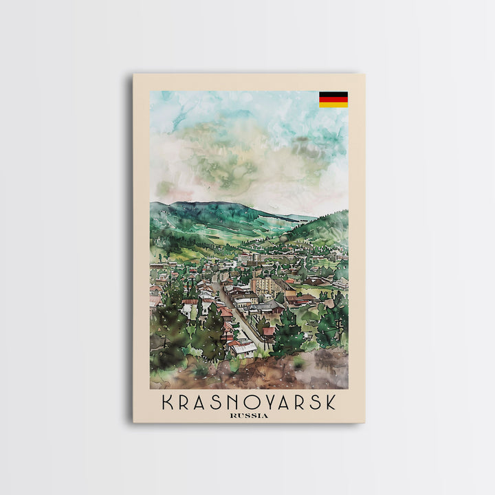 Krasnoyarsk Russia Travel Poster Framed Canvas Print, Watercolor Cityscape, Home Decor, Wall Art, Scenic Painting, Travel Print, Artistic Gift