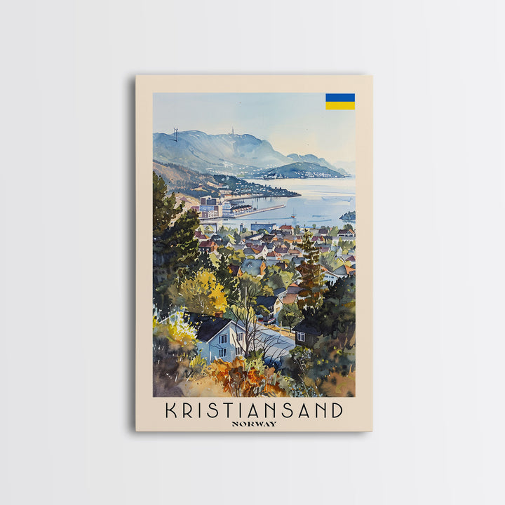 Kristiansand Norway Travel Poster Framed Canvas Print, Scenic Landscape Art, Watercolor Painting, Home Decoration, Travel Print, Artistic Gift