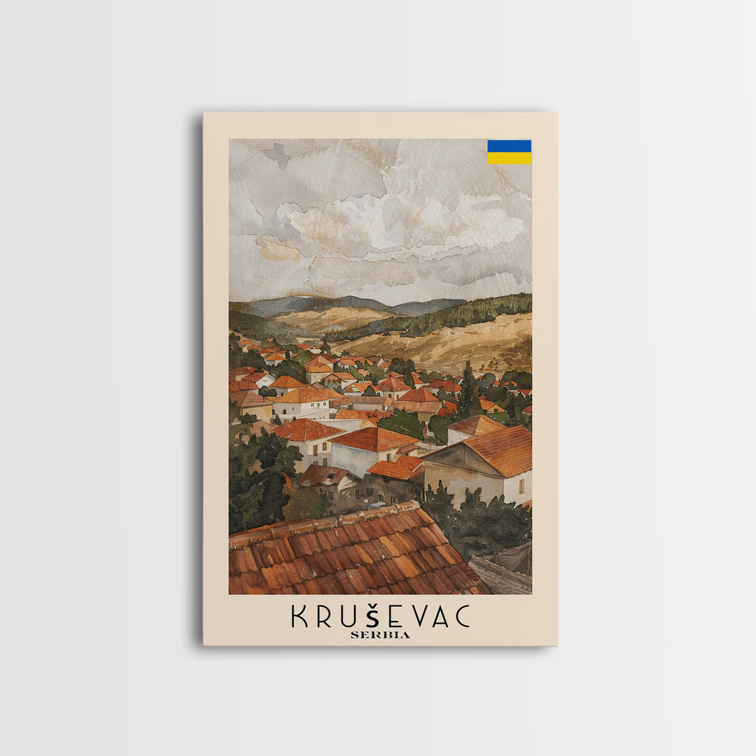 Krusevac Serbia Travel Poster Framed Canvas Print, Watercolor Cityscape, Artistic Wall Decor, Home Decoration, Travel Print, Original Art
