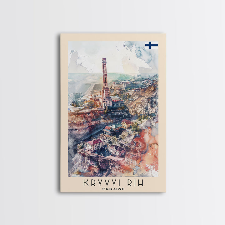 Kryvyi Rih Ukraine Travel Poster Framed Canvas Print, Watercolor Cityscape, Home Decor, Wall Art, Travel Print, Original Art