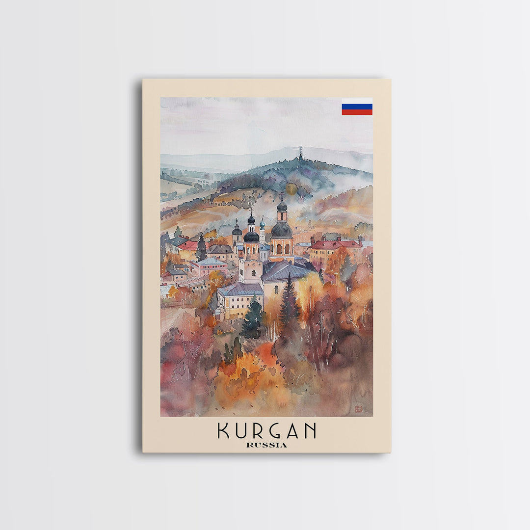 Kurgan Russia Travel Poster Framed Canvas Print, Urban Landscape, Watercolor Art, Wall Decor, Home Decoration, Travel Print, Original Art