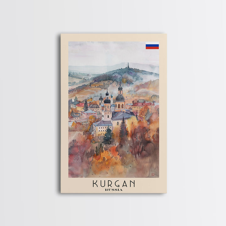 Kurgan Russia Travel Poster Framed Canvas Print, Urban Landscape, Watercolor Art, Wall Decor, Home Decoration, Travel Print, Original Art