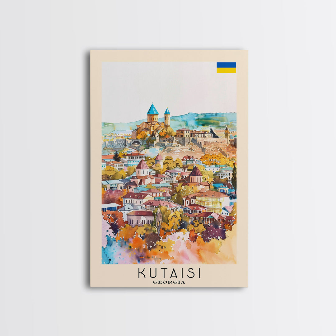 Kutaisi Georgia Travel Poster Framed Canvas Print, Scenic Landscape, Watercolor Art, Wall Decor, Home Decoration, Travel Print, Original Art
