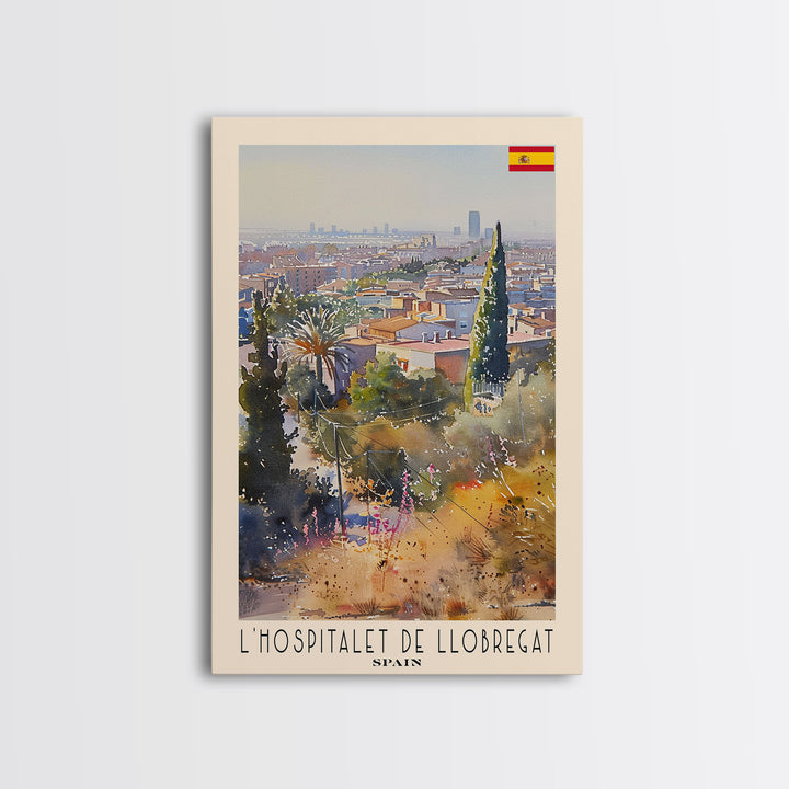 L'Hospitalet Spain Travel Poster Framed Canvas Print, Urban Landscape, Watercolor Painting, Wall Art, Home Decor, Travel Print, Artistic Gift