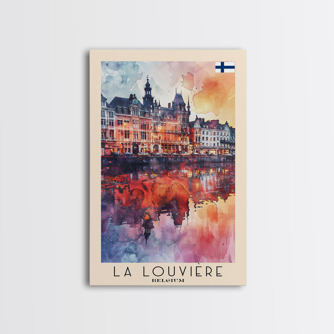 La Louviere Belgium Travel Poster Framed Canvas Print, Urban Landscape, Watercolor Art, Wall Decor, Home Decor, Travel Print, Original Art
