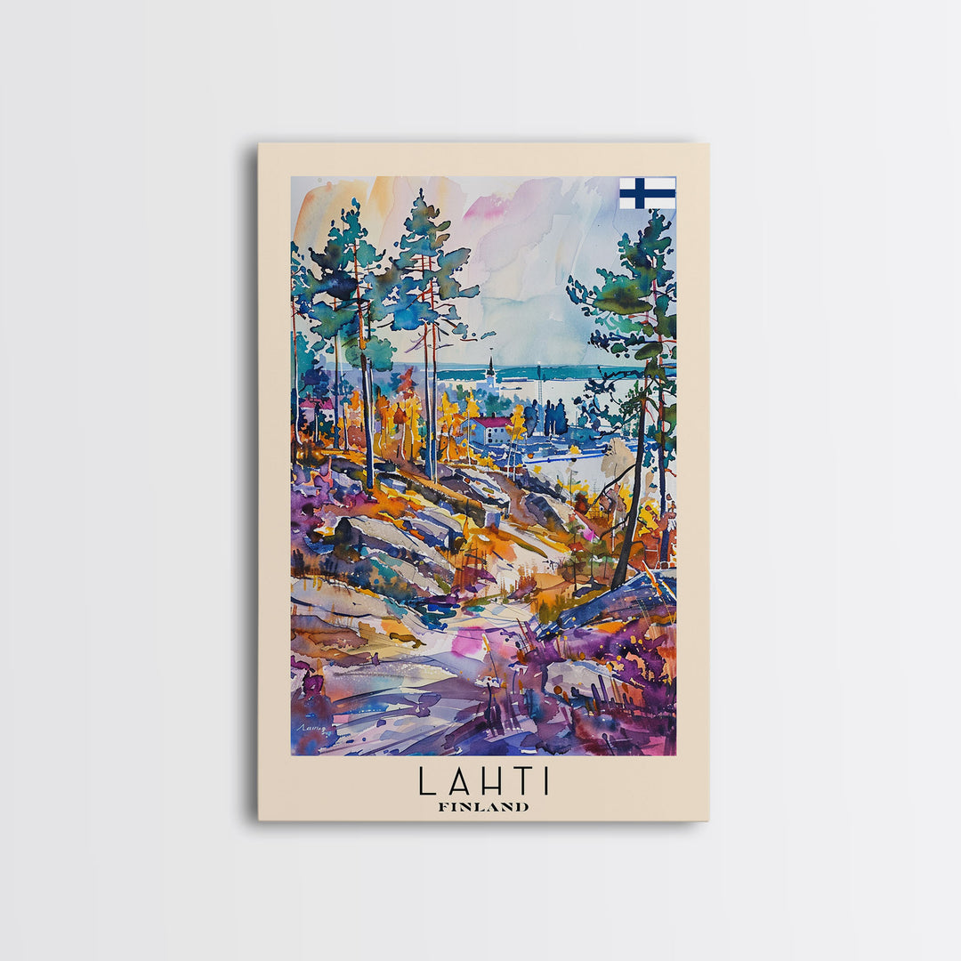 Lahti Finland Travel Poster Framed Canvas Print, Scenic Landscape, Watercolor Art, Wall Decor, Home Decoration, Travel Print, Original Painting