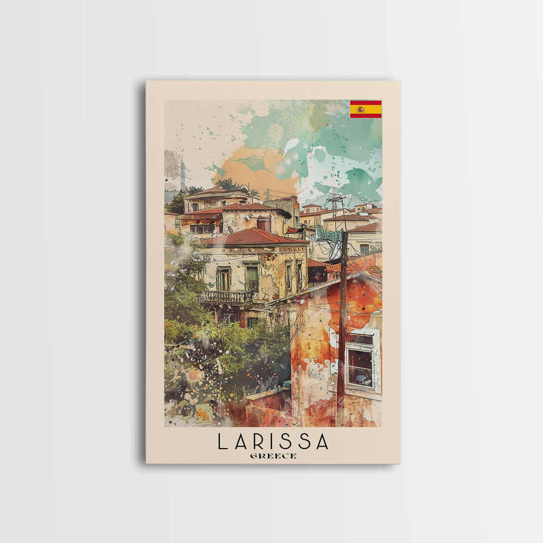 Larissa Greece Travel Poster Framed Canvas Print, Urban Landscape, Watercolor Art, Wall Decor, Home Decoration, Travel Print, Original Art