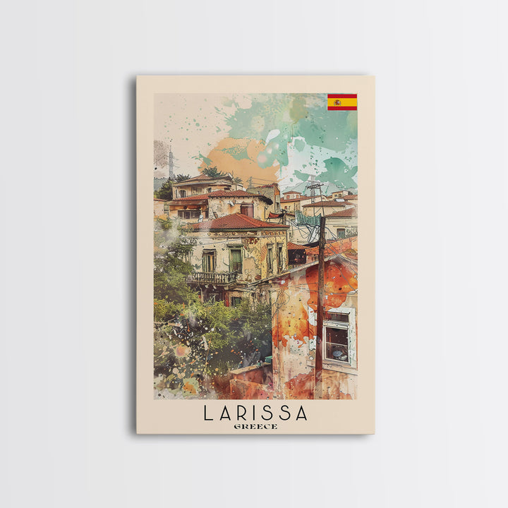 Larissa Greece Travel Poster Framed Canvas Print, Urban Landscape, Watercolor Art, Wall Decor, Home Decoration, Travel Print, Original Art
