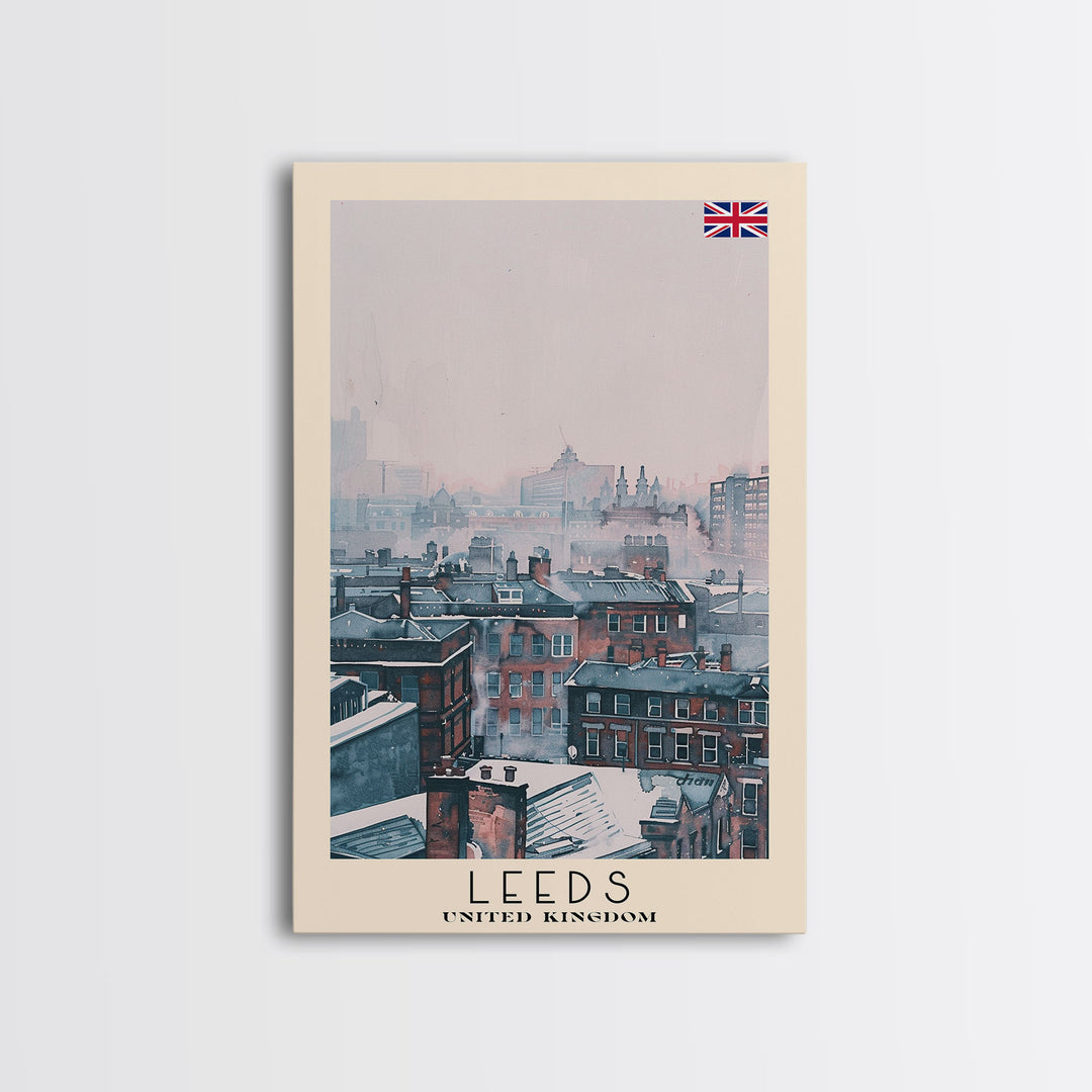 Leeds United Kingdom Travel Poster Framed Canvas Print, Urban Cityscape, Watercolor Art, Wall Decoration, Travel Print, Unique Art Gift