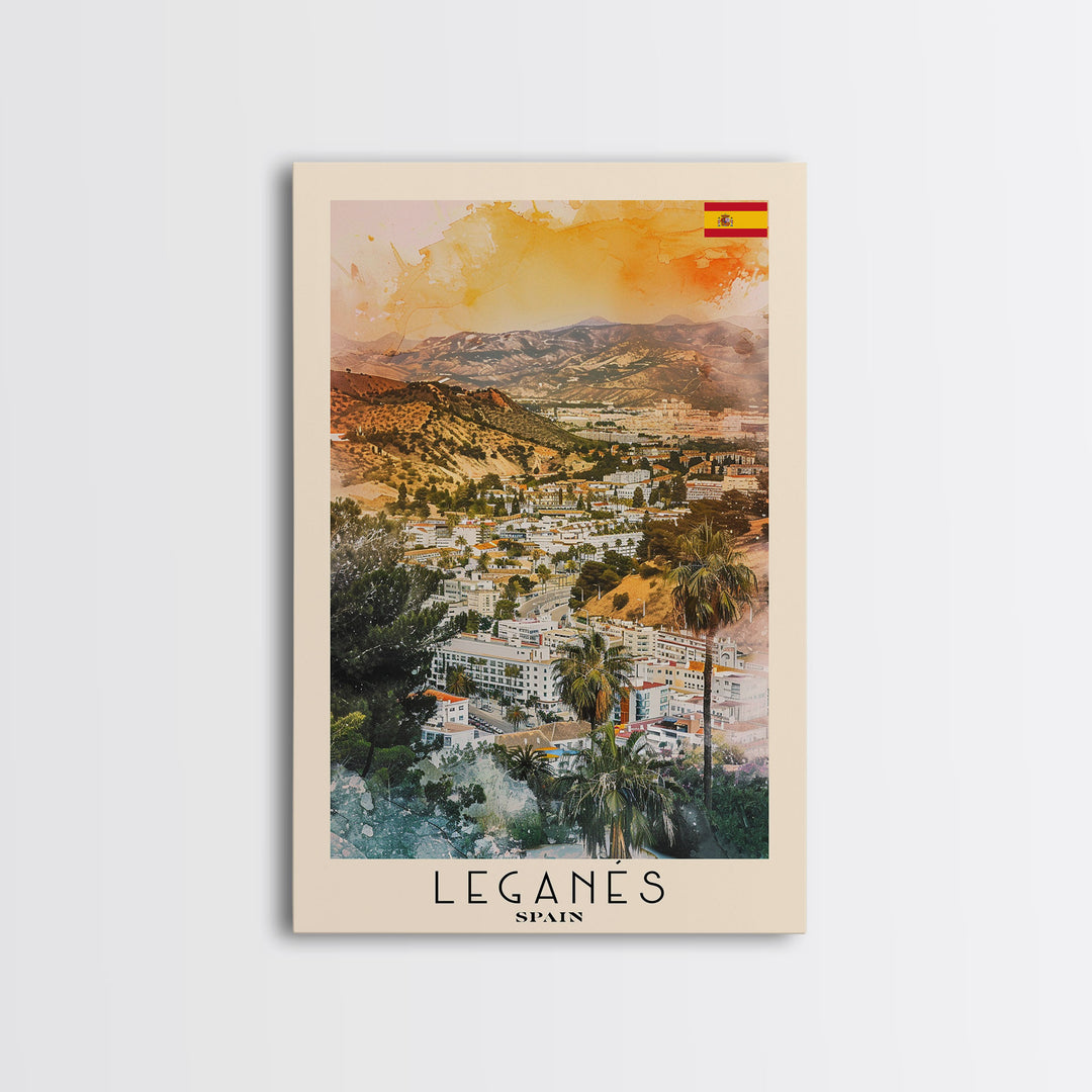 Leganes Spain Travel Poster Framed Canvas Print, Vibrant Cityscape, Watercolor Painting, Wall Art, Home Decor, Travel Print, Artistic Gift