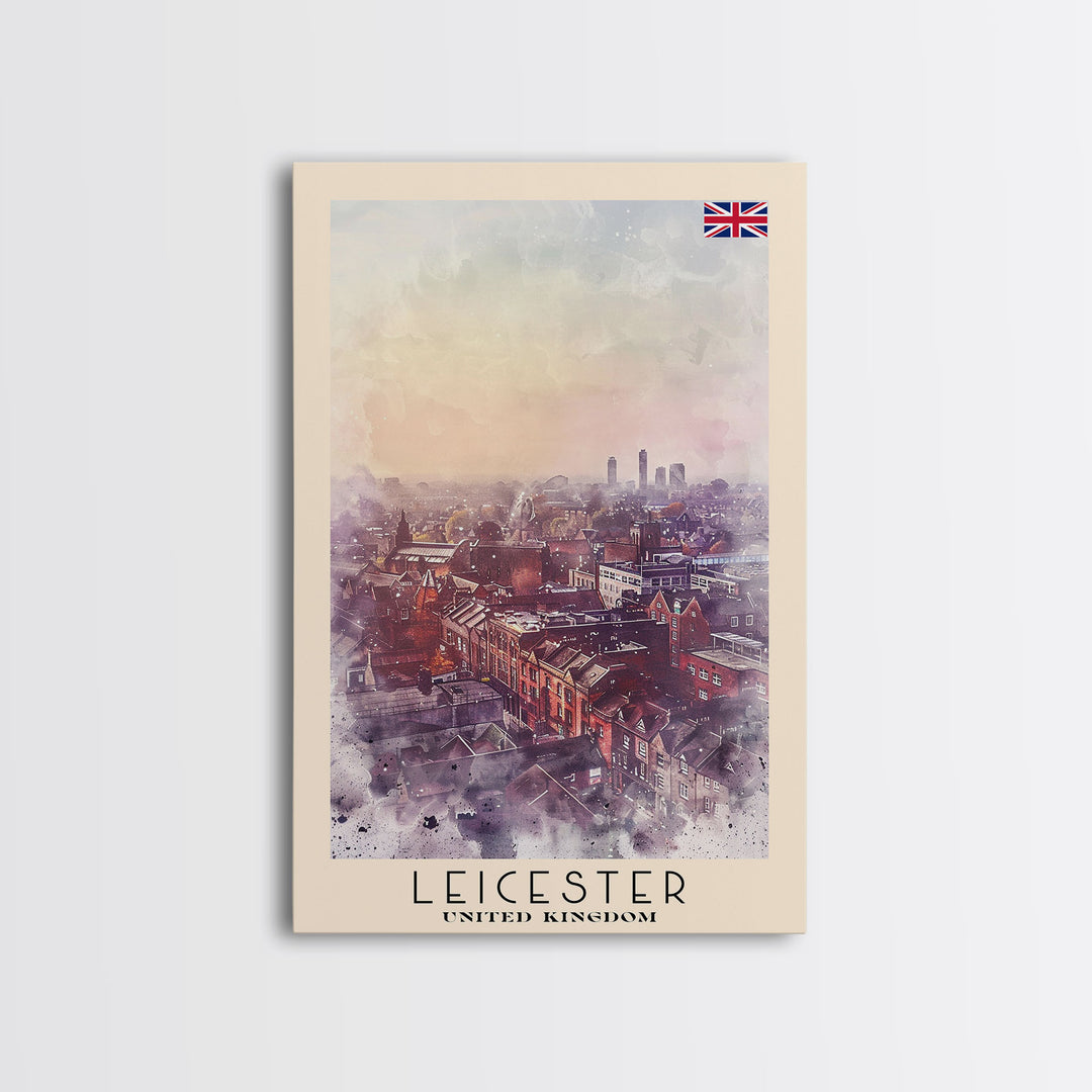 Leicester United Kingdom Travel Poster Framed Canvas Print, Historic Cityscape, Watercolor Art, Wall Decor, Home Decoration, Travel Print, Original Art