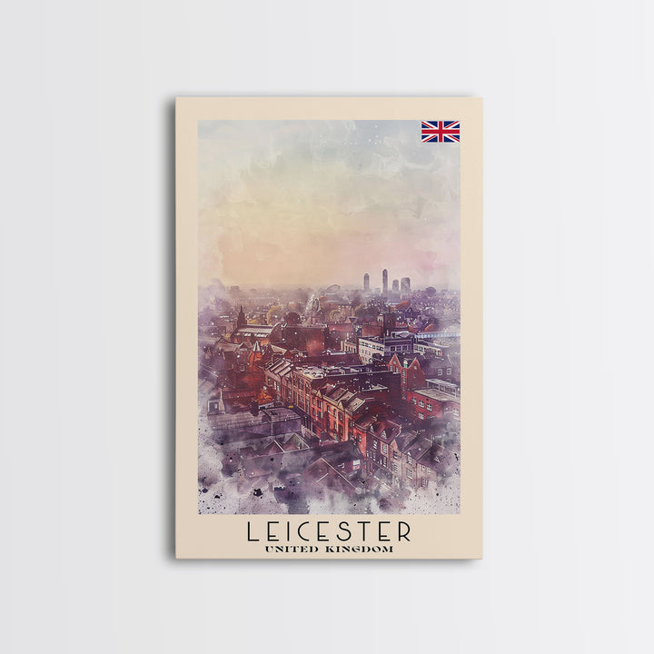Leicester United Kingdom Travel Poster Framed Canvas Print, Historic Cityscape, Watercolor Art, Wall Decor, Home Decoration, Travel Print, Original Art