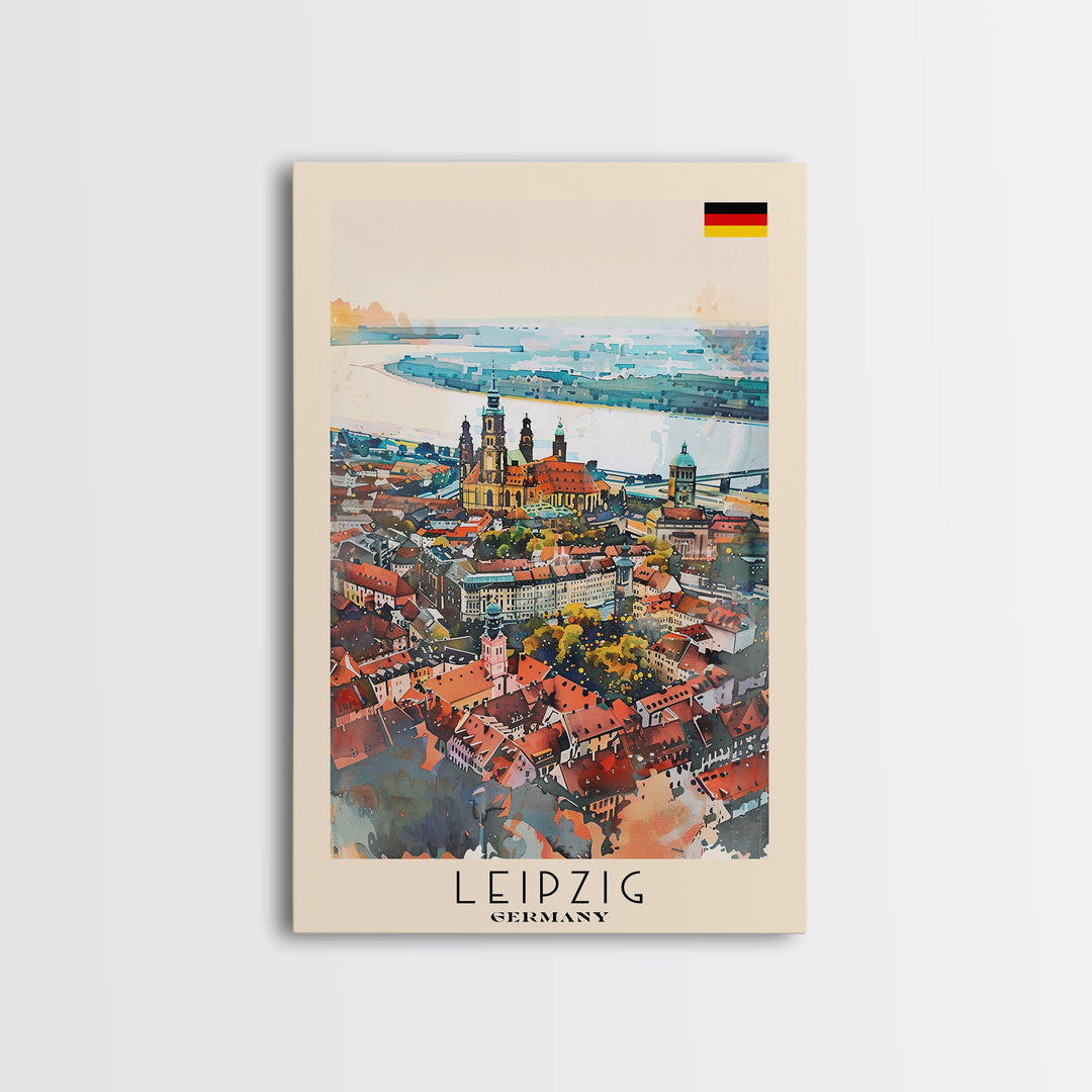 Leipzig Germany Travel Poster Framed Canvas Print, Urban Landscape, Watercolor Art, Wall Decoration, Home Decor, Travel Print, Artistic Gift
