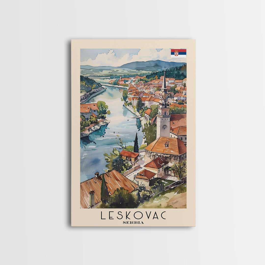 Leskovac Serbia Travel Poster Framed Canvas Print, Watercolor Cityscape, Wall Art, Home Decoration, Travel Print, Original Art, Artistic Gift