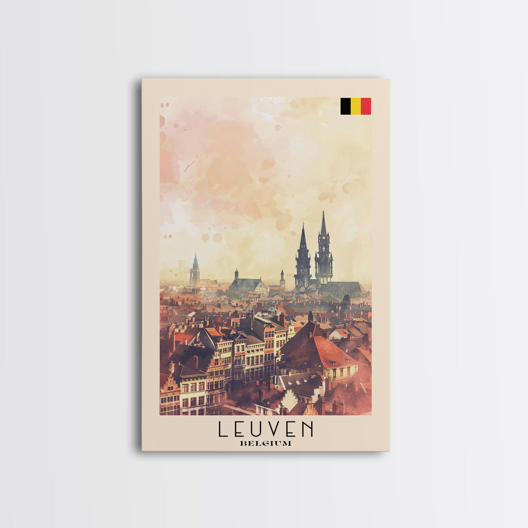 Leuven Belgium Travel Poster Framed Canvas Print, Historic Cityscape, Watercolor Art, Wall Decor, Home Decoration, Travel Print, Original Art