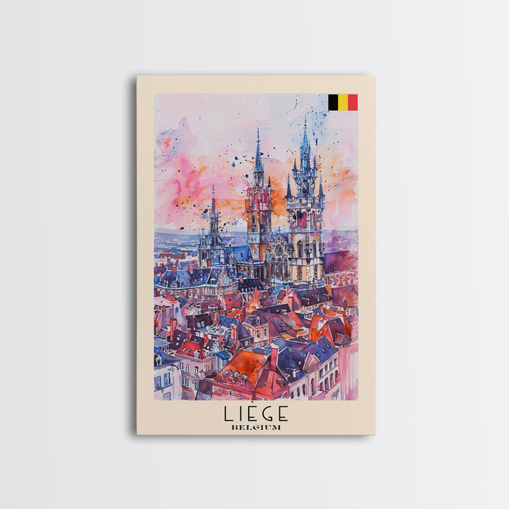 Liege Belgium Travel Poster Framed Canvas Print, Urban Landscape, Watercolor Art, Wall Decor, Home Decoration, Travel Print, Original Art
