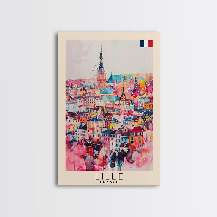 Lille France Travel Poster Framed Canvas Print, Historic Cityscape, Watercolor Painting, Wall Art, Home Decor, Travel Print, Artistic Gift