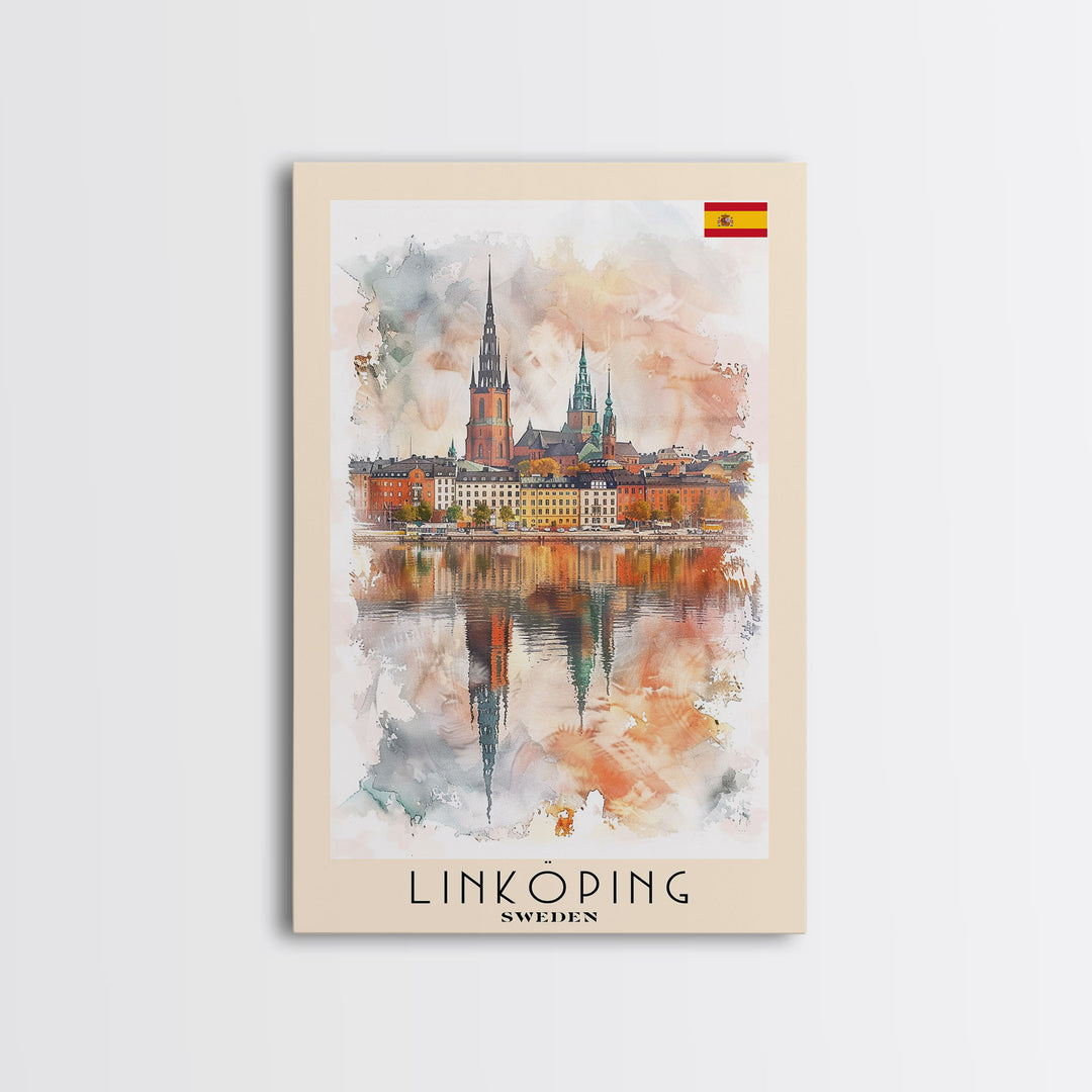 Linköping Sweden Travel Poster Framed Canvas Print, Urban Landscape, Watercolor Art, Wall Decor, Home Decoration, Travel Print, Original Art