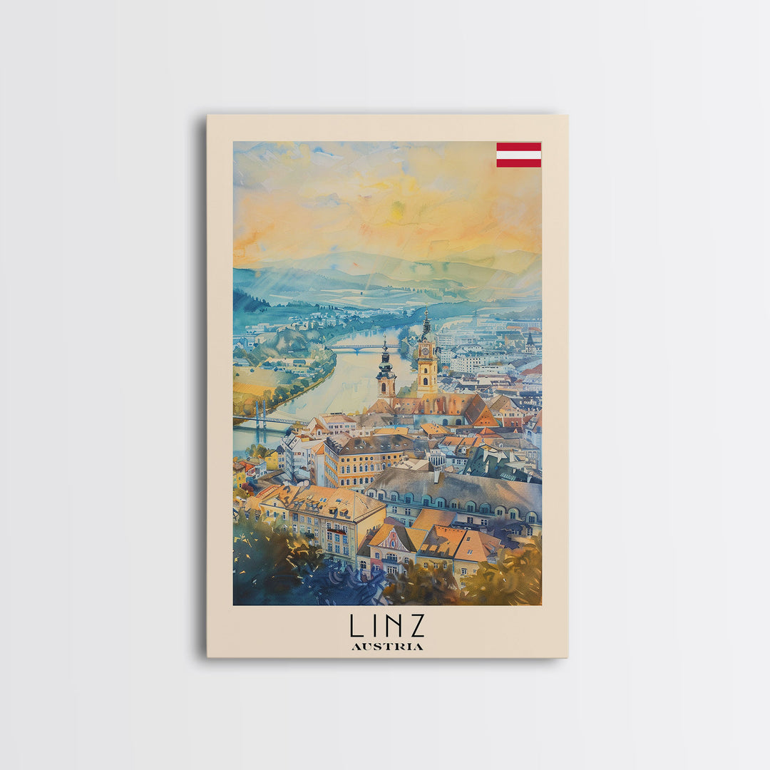 Linz Austria Travel Poster Framed Canvas Print, Scenic Landscape, Watercolor Painting, Wall Art, Home Decoration, Travel Print, Artistic Gift