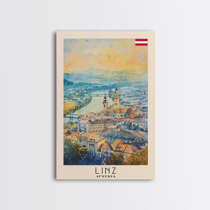 Linz Austria Travel Poster Framed Canvas Print, Scenic Landscape, Watercolor Painting, Wall Art, Home Decoration, Travel Print, Artistic Gift