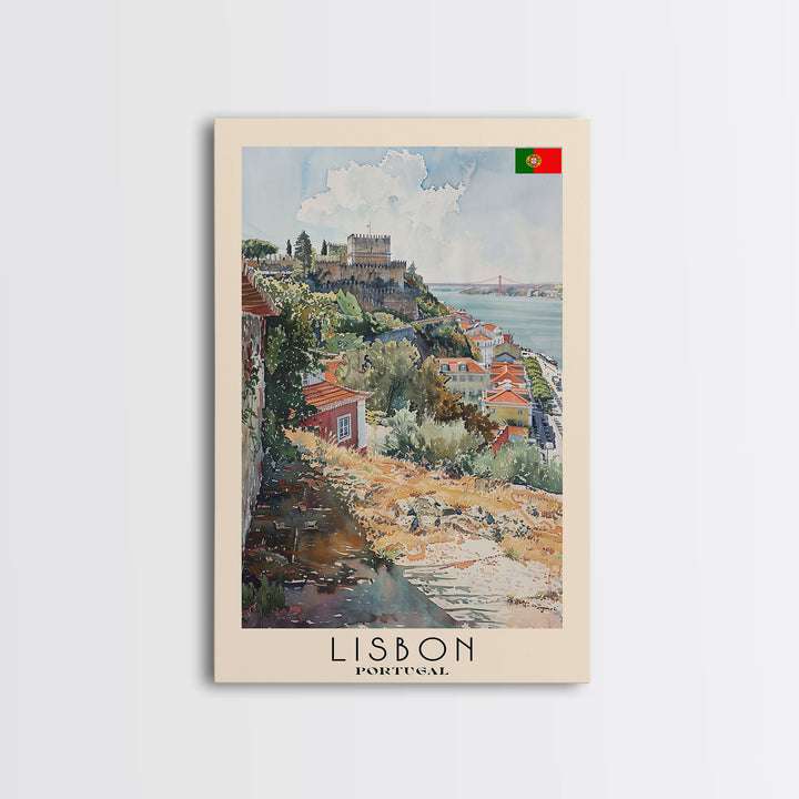 Lisbon Portugal Travel Poster Framed Canvas Print, Coastal Cityscape, Watercolor Painting, Wall Art, Home Decoration, Travel Print, Artistic Gift