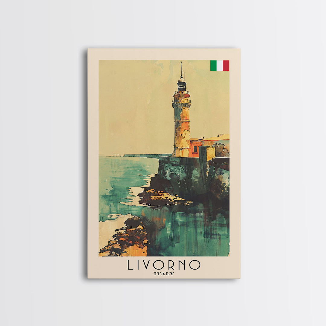 Livorno Italy Travel Poster Framed Canvas Print, Coastal Landscape, Watercolor Painting, Wall Art, Home Decor, Travel Print, Artistic Gift
