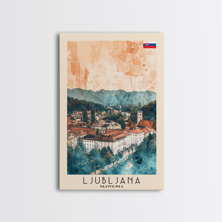 Ljubljana Slovenia Travel Poster Framed Canvas Print, Urban Landscape, Watercolor Art, Wall Decor, Home Decoration, Travel Print, Original Art