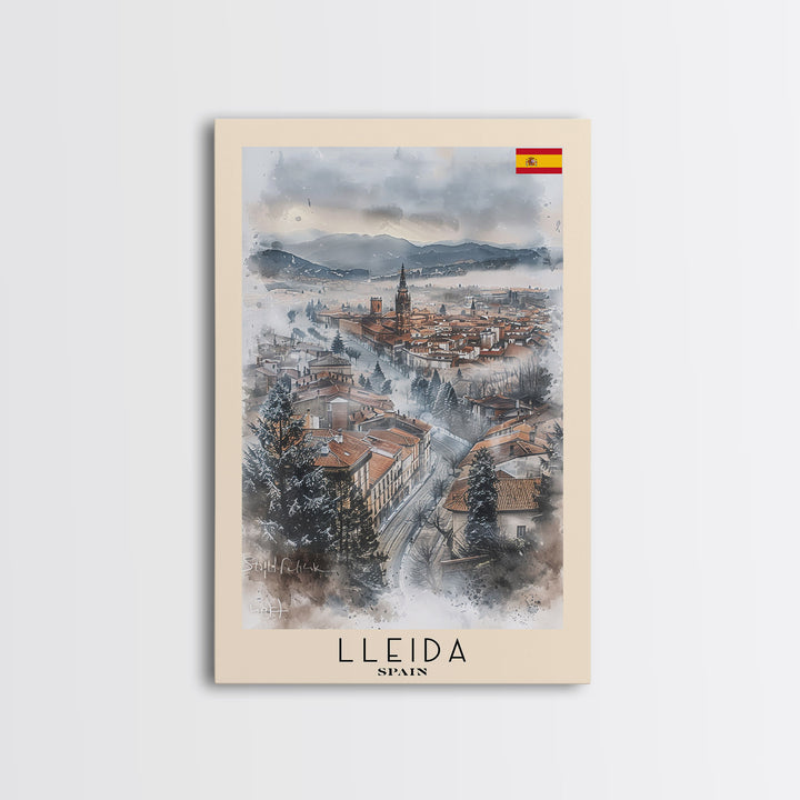 Lleida Spain Travel Poster Framed Canvas Print, Urban Landscape, Watercolor Art, Wall Decor, Home Decoration, Travel Print, Original Art