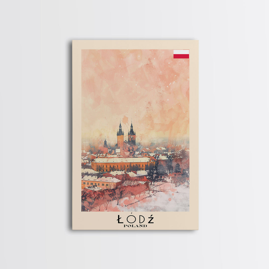 Lodz Poland Travel Poster Framed Canvas Print, Historic Cityscape, Watercolor Painting, Wall Art, Home Decor, Travel Print, Artistic Gift