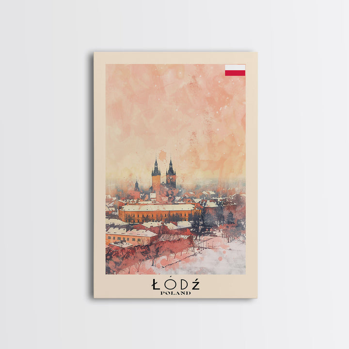 Lodz Poland Travel Poster Framed Canvas Print, Historic Cityscape, Watercolor Painting, Wall Art, Home Decor, Travel Print, Artistic Gift