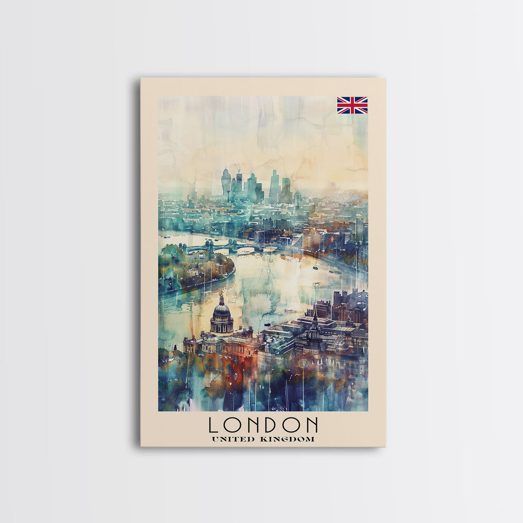 London United Kingdom Travel Poster Framed Canvas Print, Iconic Cityscape, Watercolor Art, Wall Decor, Home Decoration, Travel Print, Artistic Gift