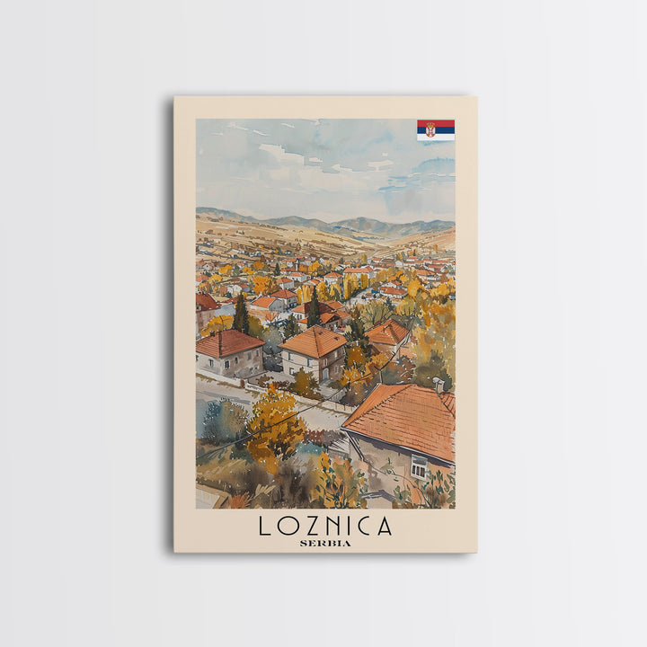 Loznica Serbia Travel Poster Framed Canvas Print, Urban Landscape, Watercolor Art, Wall Decor, Home Decoration, Travel Print, Original Art